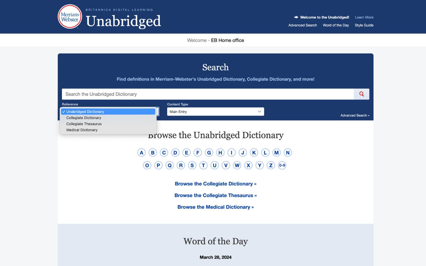Merriam-Webster Unabridged webpage showing that you can filter by unabridged dictionary, collegiate dictionary, collegiate thesaurus, or medical dictionary.