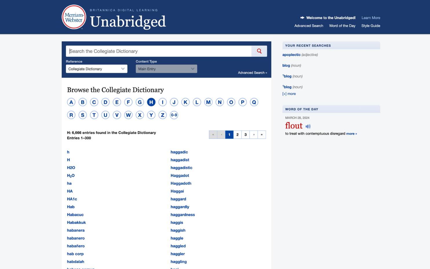 Merriam-Webster Unabridged webpage where you can search the collegiate dictionary or browse by letter.