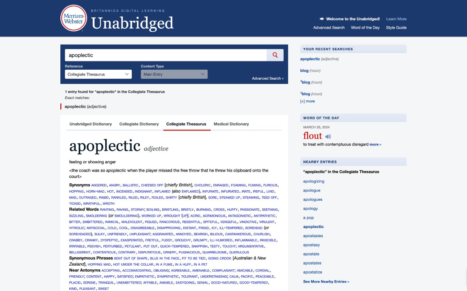 Merriam-Webster Unabridged webpage showing the search term "apoplectic" and the definition along with synonyms, related words, synonymous phrases, and near antonyms.