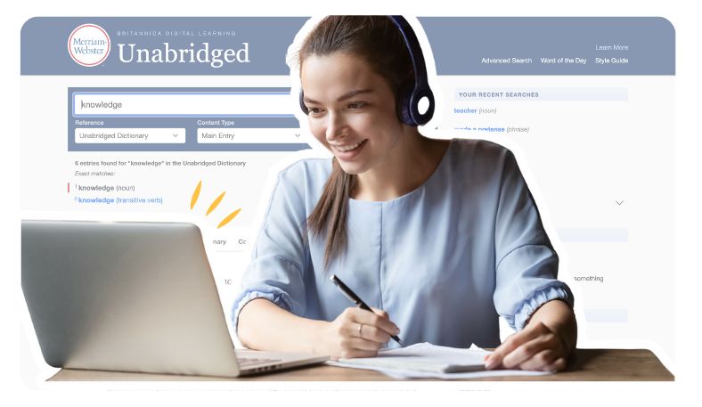 College aged girl wearing headphones taking notes while looking at a computer and sitting at a desk in front of the Merriam-Webster Unabridged webpage searching for the term "knowledge"