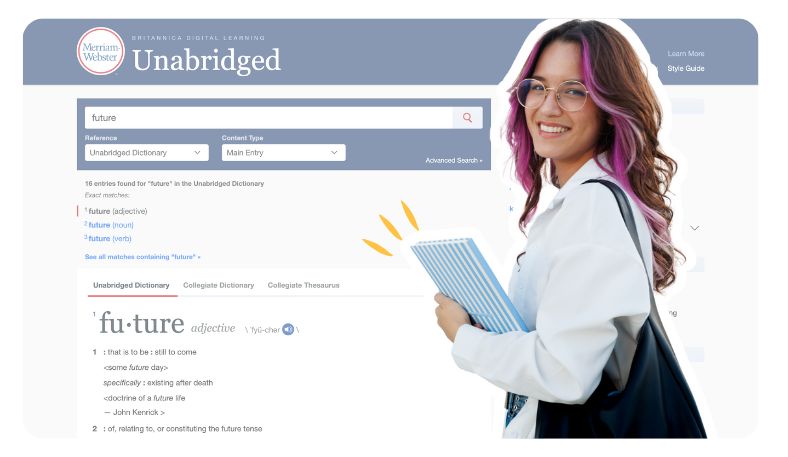 College aged girl with long brown hair and pink highlights wearing glasses and a purse holding a notebook standing in front of the Merriam-Webster Unabridged webpage searching for the term "future"