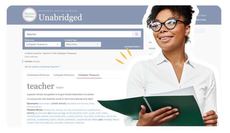 Girl with dark hair and dark glasses holding a notebook standing in front of the Merriam-Webster Unabridged webpage searching for the term "teacher"