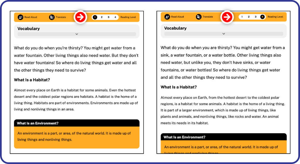 Side by side comparison of Expedition: Learn! reading level 1 and reading level 4