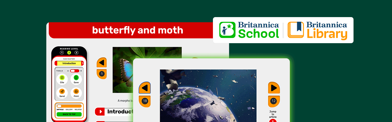 Britannica School and Britannica Library logos next to a screenshot of the article "Butterfly and Moth" with a butterfly that flys across the gif