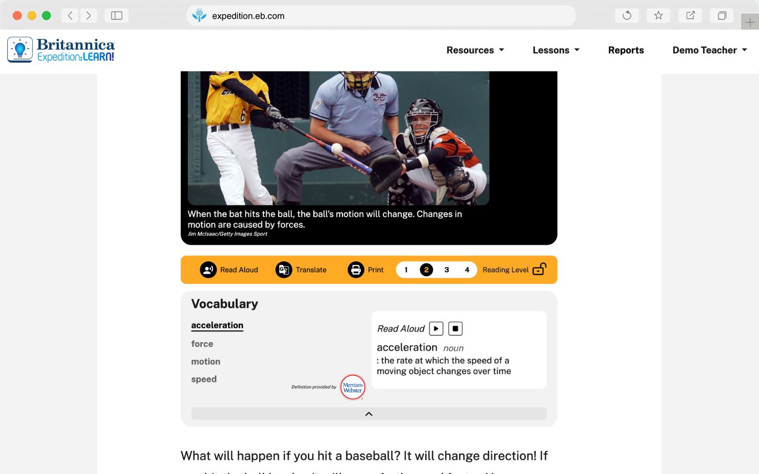 Vocabulary section highlighting "acceleration" term within Expedition: Learn!