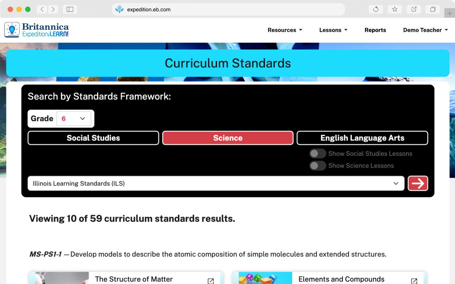 Expedition: Learn Curriculum Standards screencap