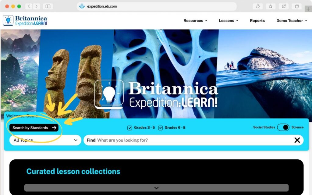 Britannica Expedition: Learn! seach by standards screencap