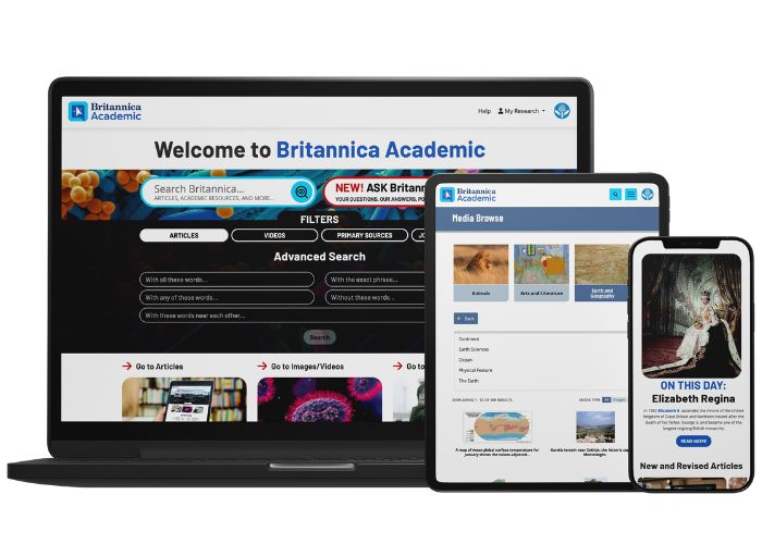 Laptop, tablet, and phone with Britannica Academic