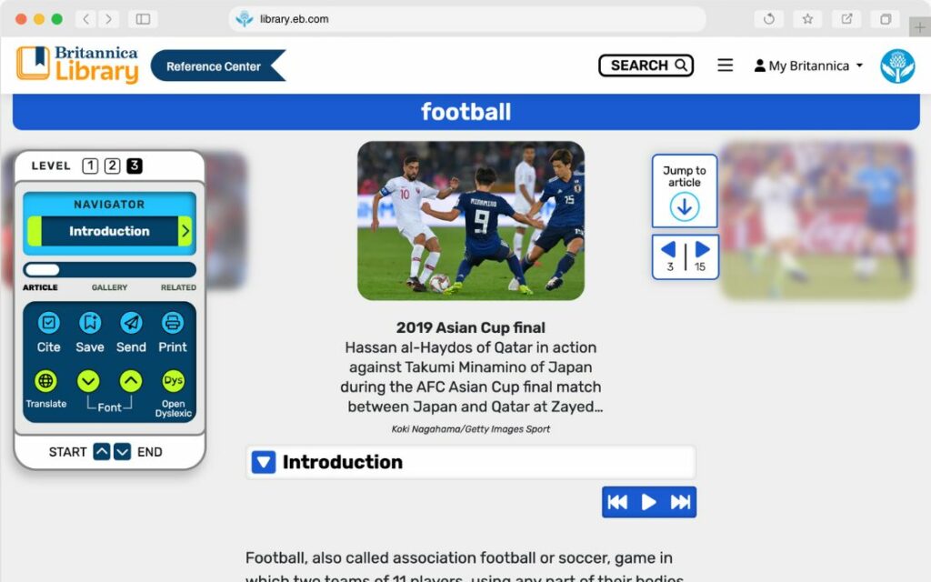 Britannica Library Reference Center showing football article