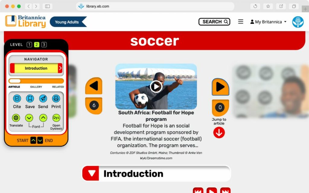 Britannica Library: Young Adults screen showing soccer article