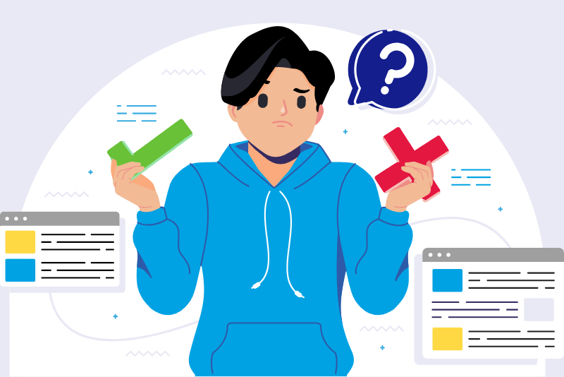 illustration of boy holding a green checkmark in one hand and a red X in the other hand with a question mark thought bubble