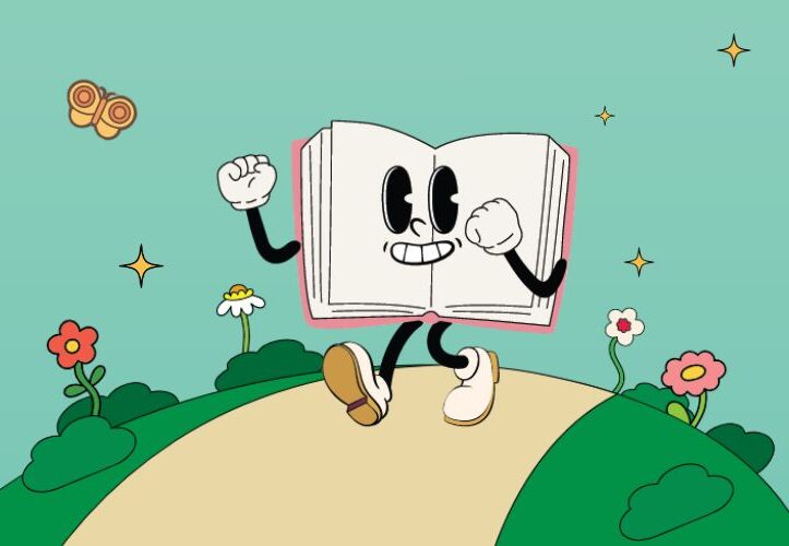 illustration of a book with arms, legs, and a smiling face