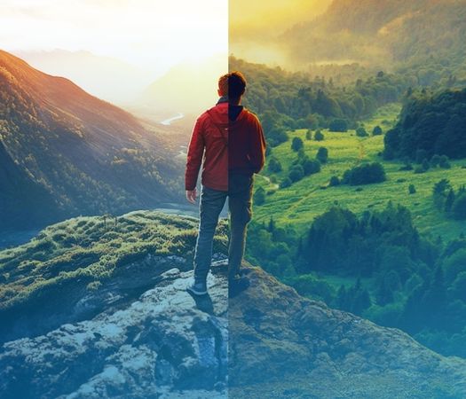 Split screen image of man standing on a mountain