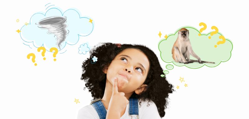 Young reader girl thinking with a thought bubble of a tornado and a thought bubble of a chimpanzee
