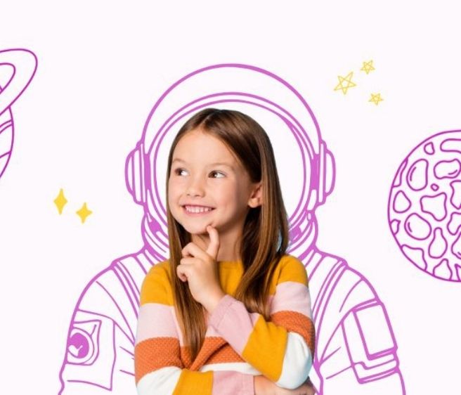 Young girl thinking with a doodle of an astronaut behind her