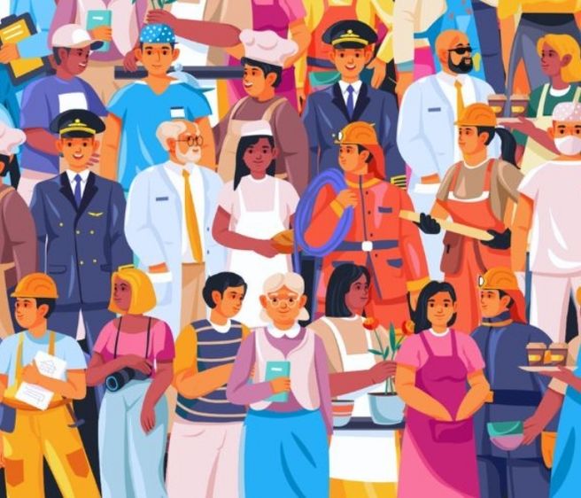 illustration of people in many different professions, including fireman, policeman, baker, photographer, botanist, doctor, barista, carpenter