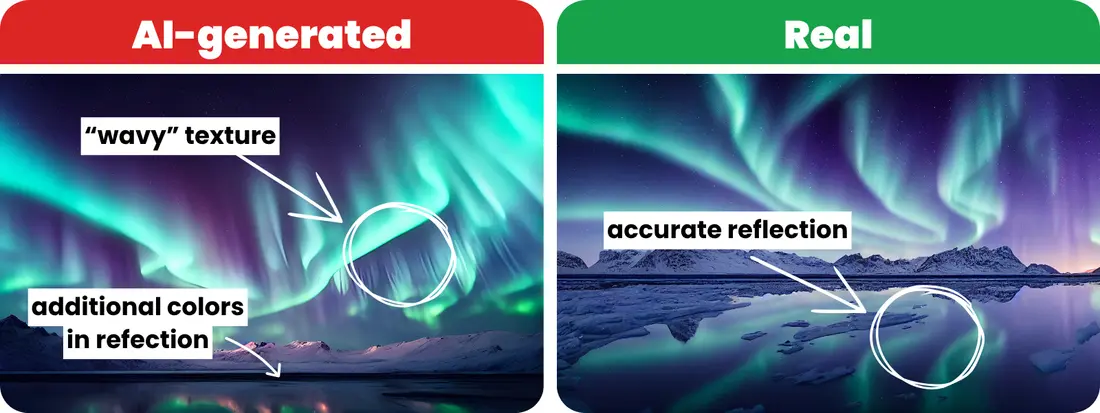 Real vs AI comparison (Aurora Borealis). Option 1 is AI determined by wavy textures and inaccurate reflections