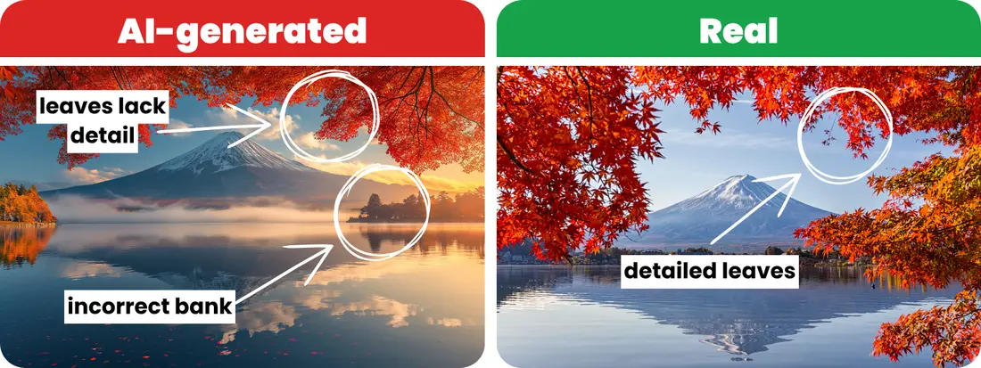 Real vs AI comparison (Mount Fuji) Option 1 is AI and has less detailed leaves