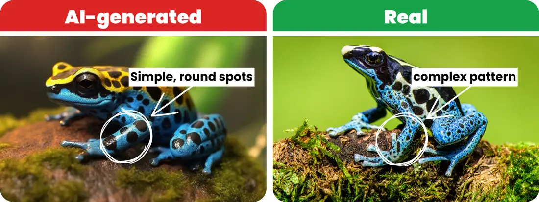 Option 1: this AI-generated photo has rounded spots; Option 2: this real photo has complex details