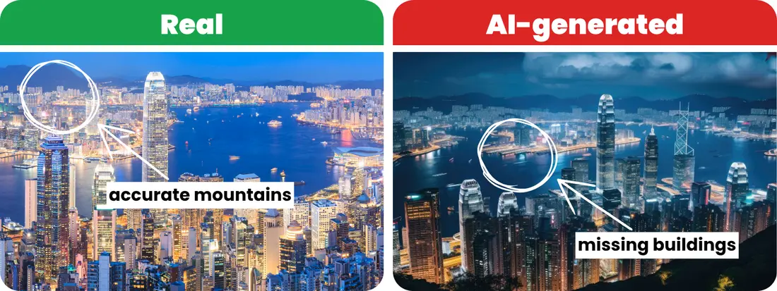 Real vs AI comparison (Hong Kong at night) Option 2 is AI and is missing buildings