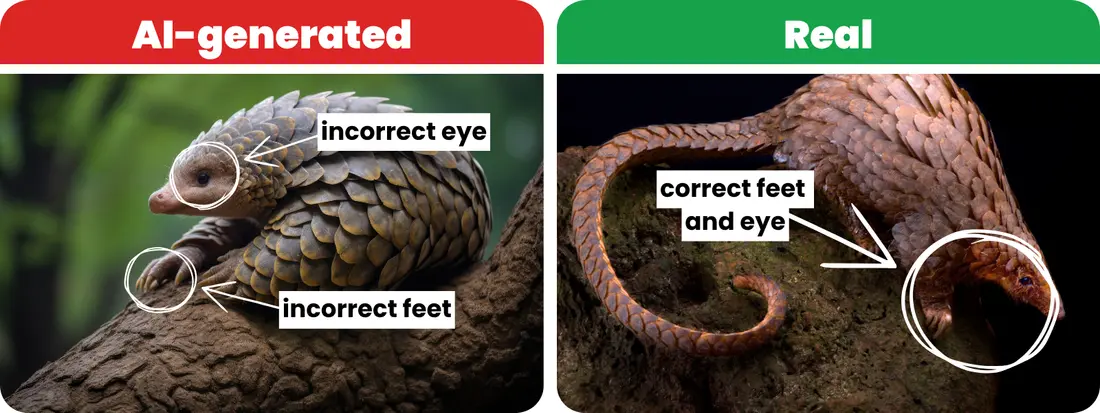 Real vs AI comparison (Pangolin). Option 1 is AI-generated determined by incorrect eyes and feet