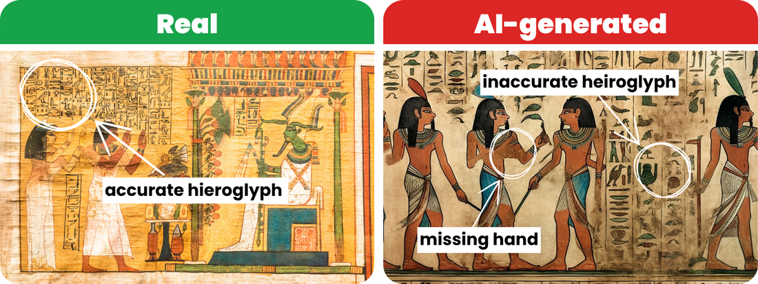 Real vs AI comparison (Egyptian papyrus). Option 2 is AI.