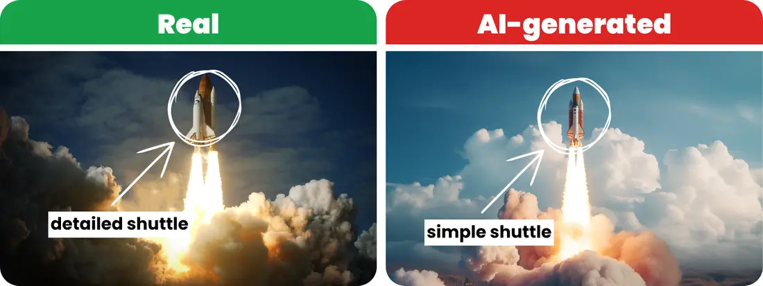 Real vs AI comparison (shuttle launch). Option 2 is AI and shows a simple space shuttle.