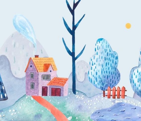 Illustration of a winter landscape with a house, fence, and snow covered trees