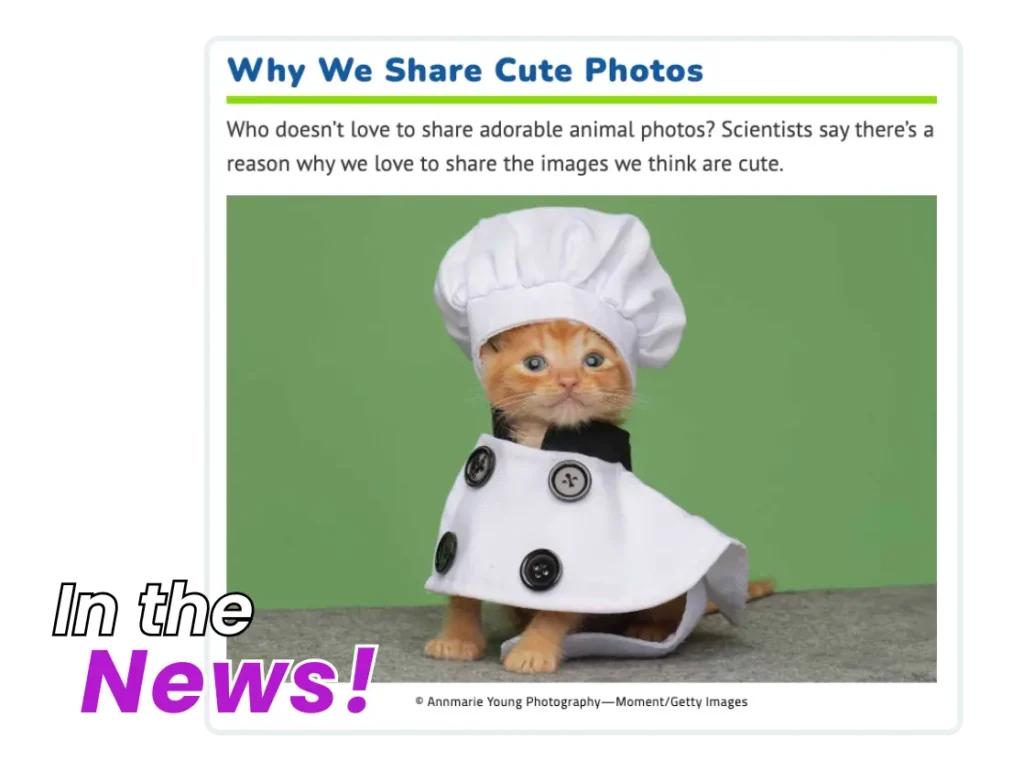 Britannica School: Elementary "In the News" section about sharing cute photos of animals, including a cat dressed as a chef.