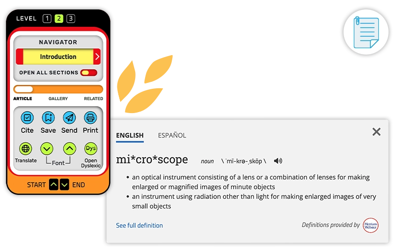 Britannica School: Middle pop up showing the navigator tool and the term "microscope" with pronunciation and definitions.