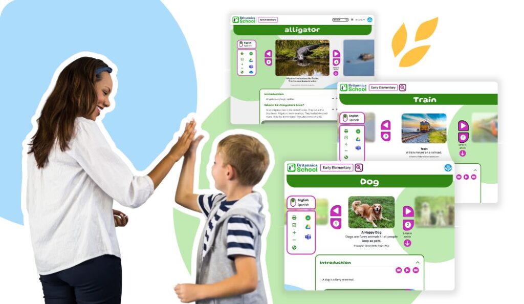 Early Elementary student and teacher giving a high five in front of Britannica School articles