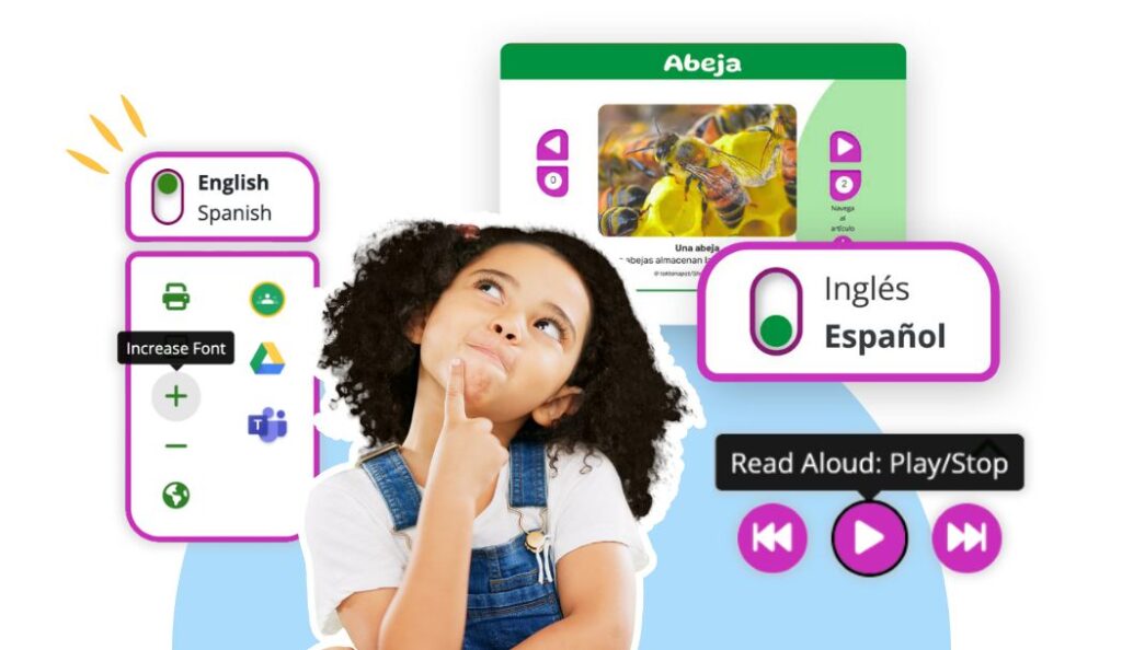 Early elementary student with translated article and controls for Britannica School