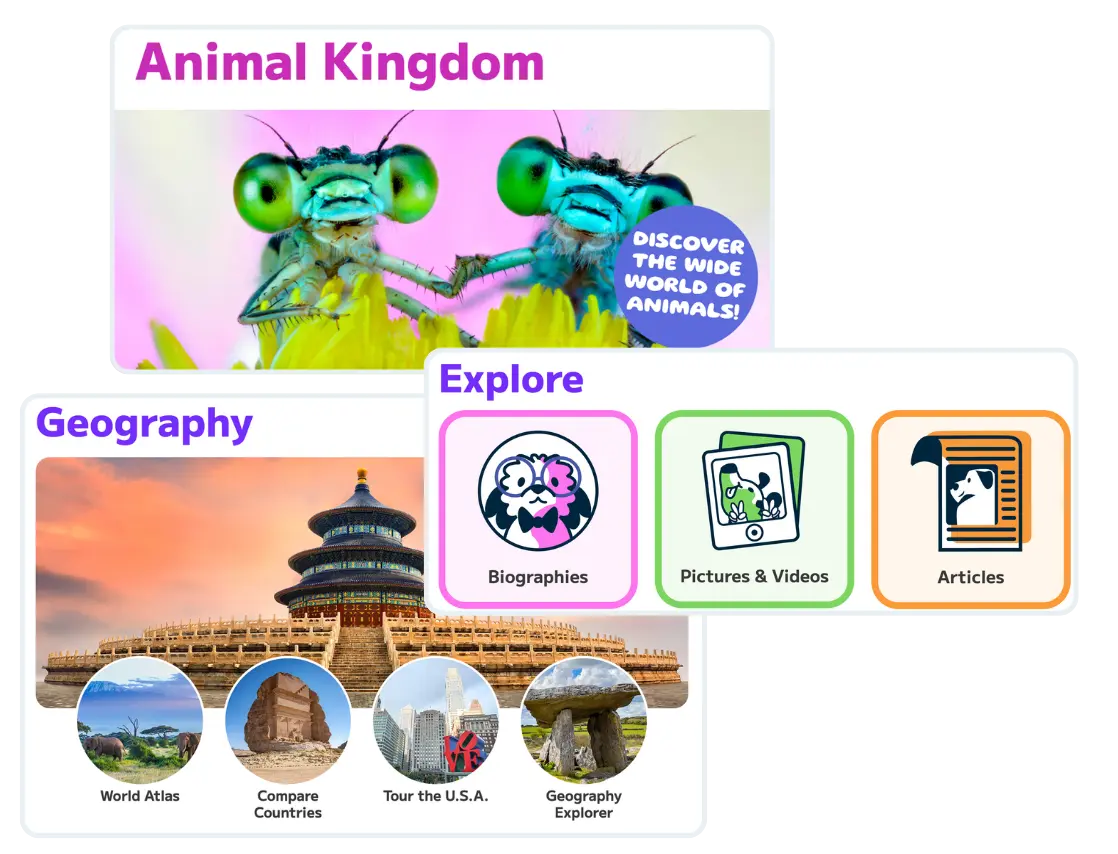 Britannica School: Elementary tools, including Animal Kingdom, Geography, and Explore.
