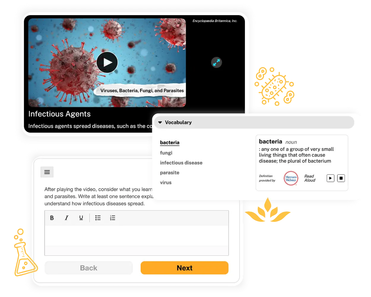 A sample video, vocabulary lesson, and discussion post from Expedition: Learn!