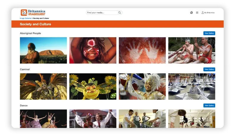 Web page of Society and Culture within ImageQuest - includes Aboriginal People, Carnival, and Dance image galleries.