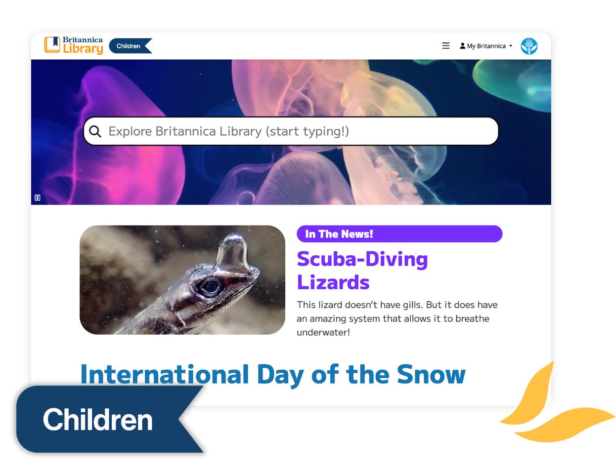 home page of the Britannica Library: Children level