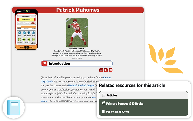 Britannica School: Middle webpage showing an introduction to football player, Patrick Mahomes. It includes a photo and text along with related resources for the article.