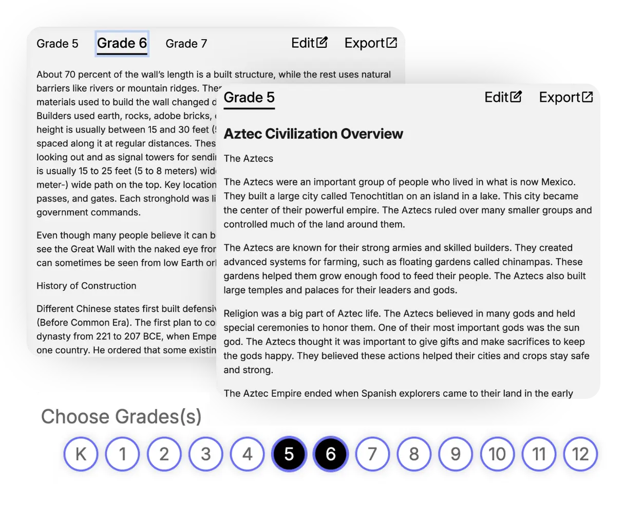 Preview of grade/level selection in Britannica Studio
