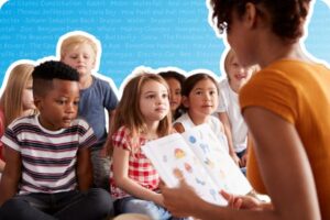 Teacher reading a book to a group of young children