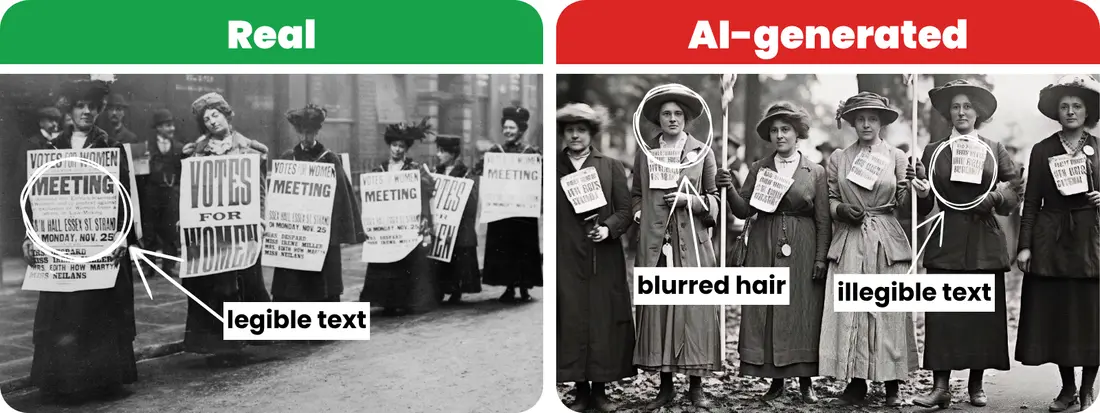 Real vs AI comparison (Women's Suffrage). Option 2 is AI and has illegible text