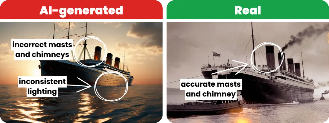 Option 1: AI generated photo with incorrect masts and lighting; Option 2: Real image that is historically accurate