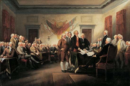 In a painting by John Trumbull entitled 'Declaration of Independence', Thomas Jefferson, standing at the table, is shown presenting the Declaration to John Hancock, president of the Continental Congress.