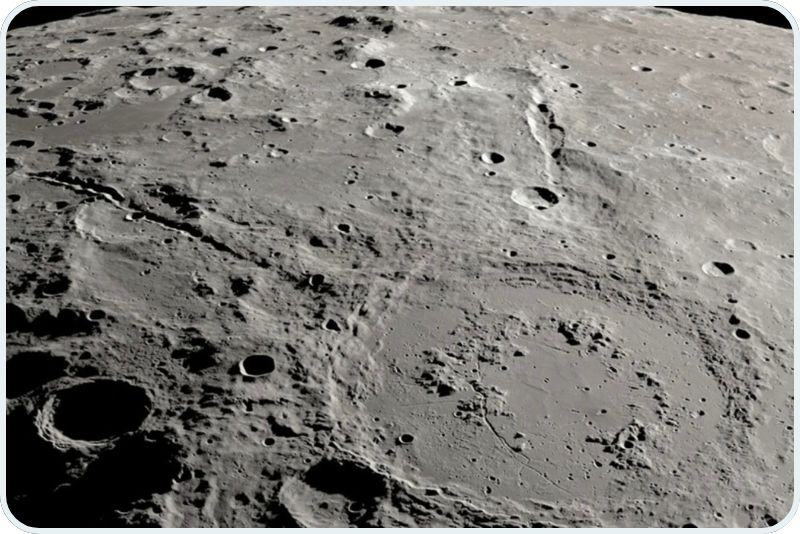 Two canyons on the far side of the Moon look like trenches stretching out of a large crater.