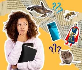 news quiz for middle school collage image; girl in front of newspaper