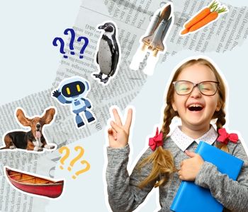 News Quiz for Elementary students featured collage, girl with books giving a piece sign over newspaper