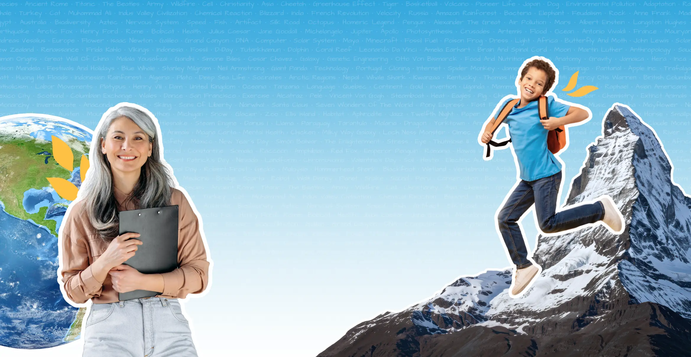 Britannica Education Header Child jumping near mountain and globe