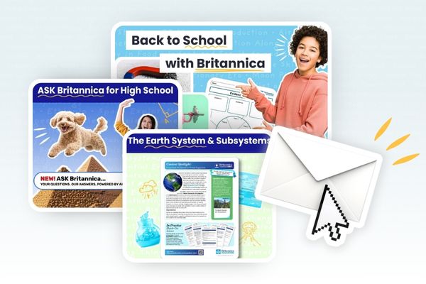 collage image with newsletter features and an email icon