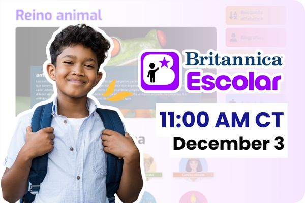 Boy with backpack, Britannica Escolar logo, and text "11:00 AM December 4"