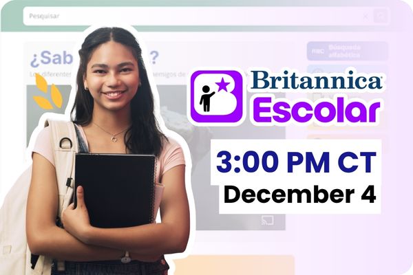 Girl with books, Britannica Escolar logo, and text "3:00 PM December 3"