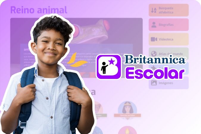 Middle school student with backpack and Britannica Escolar logo